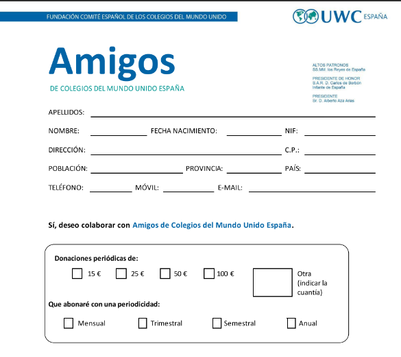 about Domiciliación bancaria. Enviar formulaio a: admin@colegiosmundounido.org